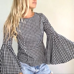 Black & White Gingham Flare Sleeve Open Back Top